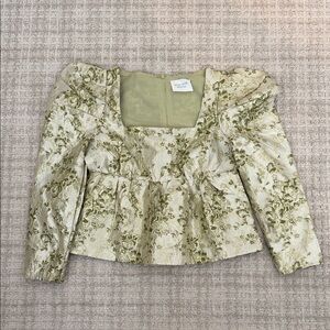 Tuckernuck Olive and Cream Floral Brocade Peplum Blouse